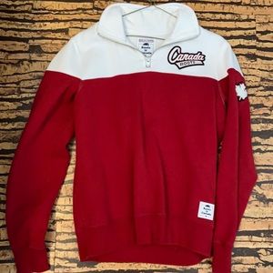Roots Canada quarter zip, red and white, size small